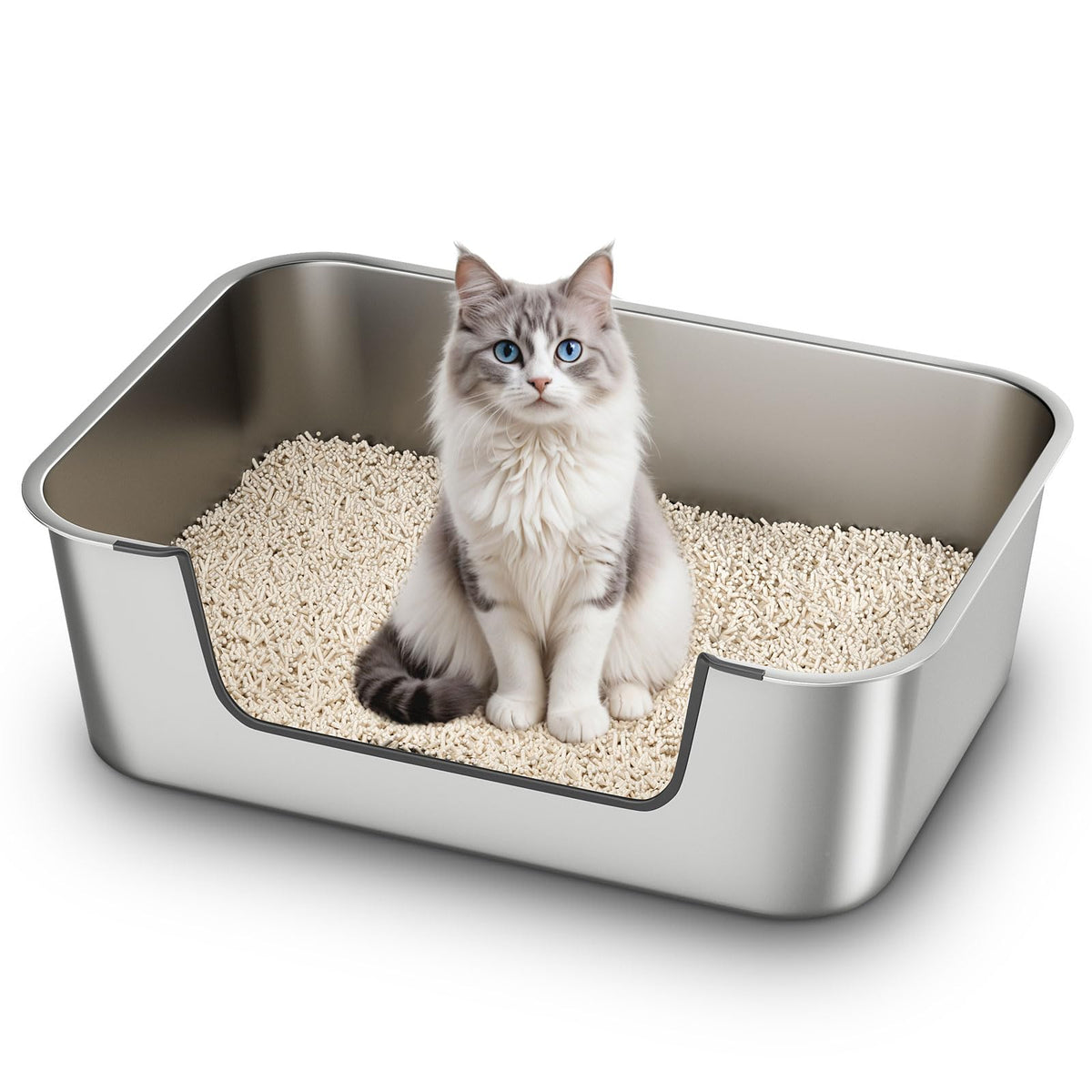 Qiuma stainless steel cat litter box with low-entry front view for easy access
