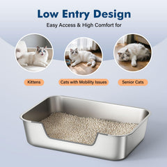 Qiuma litter box with high sides protects floors from litter scatter during use.