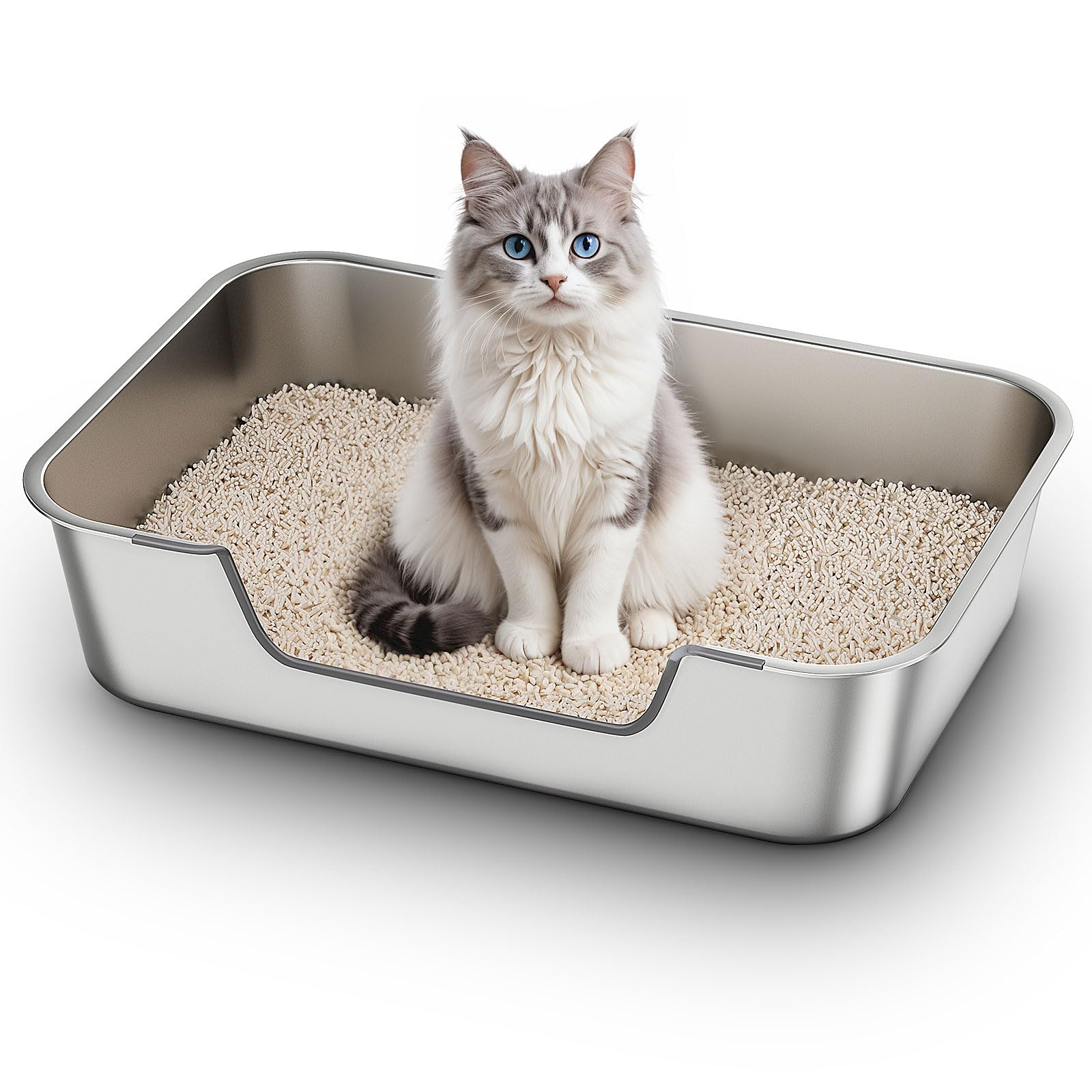 Qiuma stainless steel cat litter box with low entry for easy access