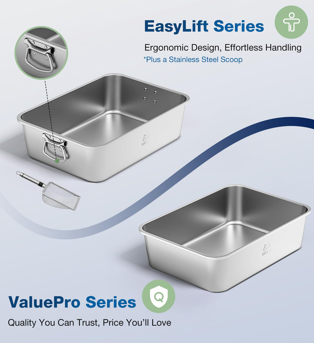 Qiuma cat litter box – side view highlighting durable stainless steel construction.