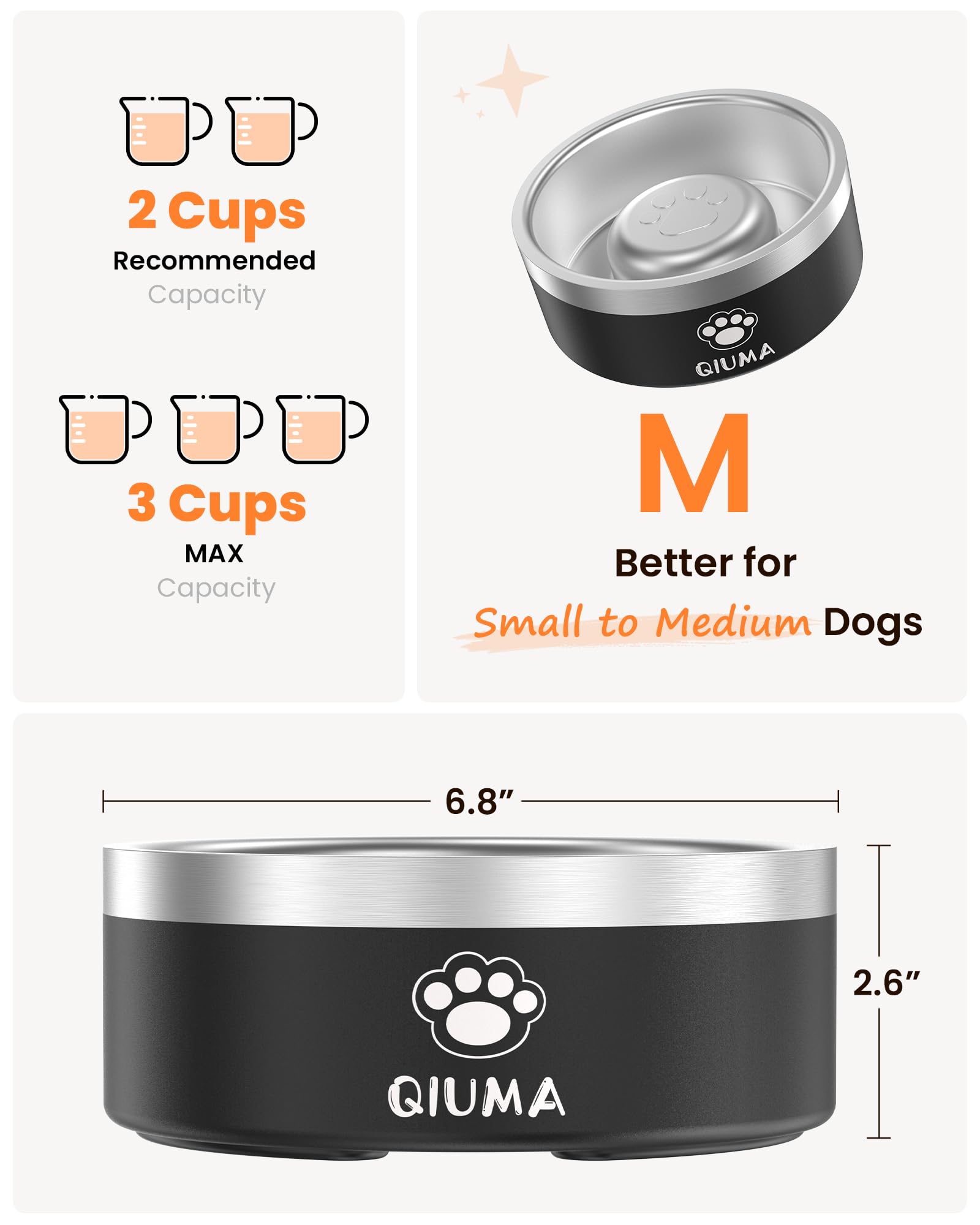Qiuma stainless steel 304-grade dog bowl resists rust and is easy to clean.