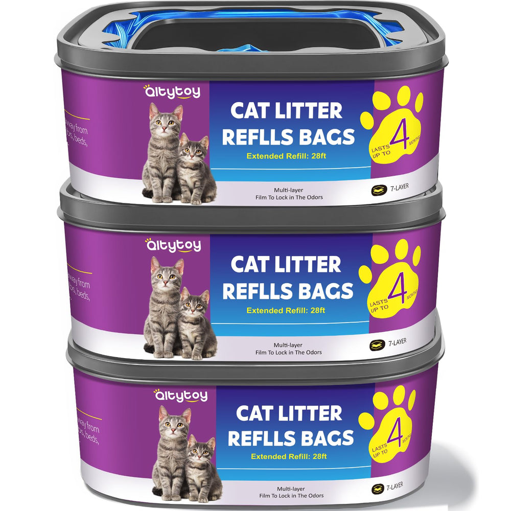 Qltytoy cat litter refill packaging shows long-lasting 28ft bags for extended use.