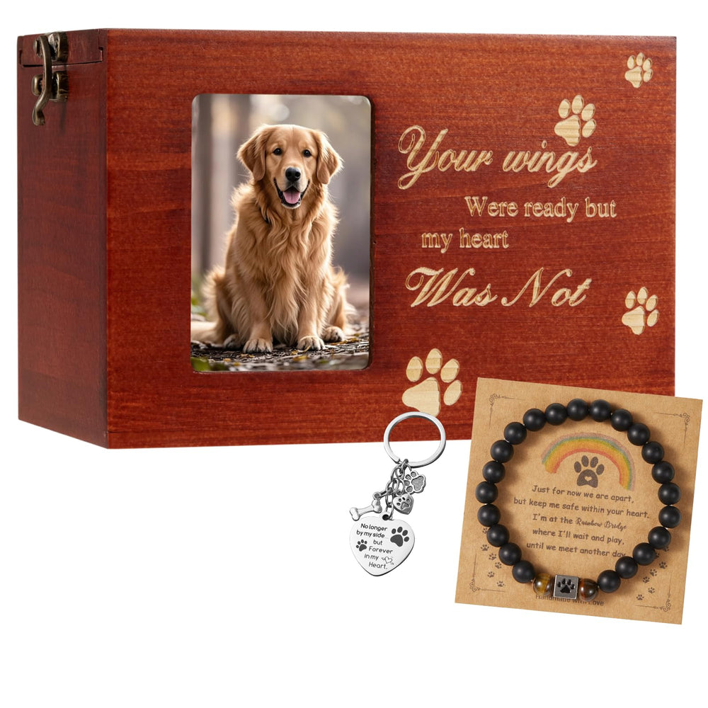 QMoveltyF pet urn in wooden memory box with photo frame preserves memories.