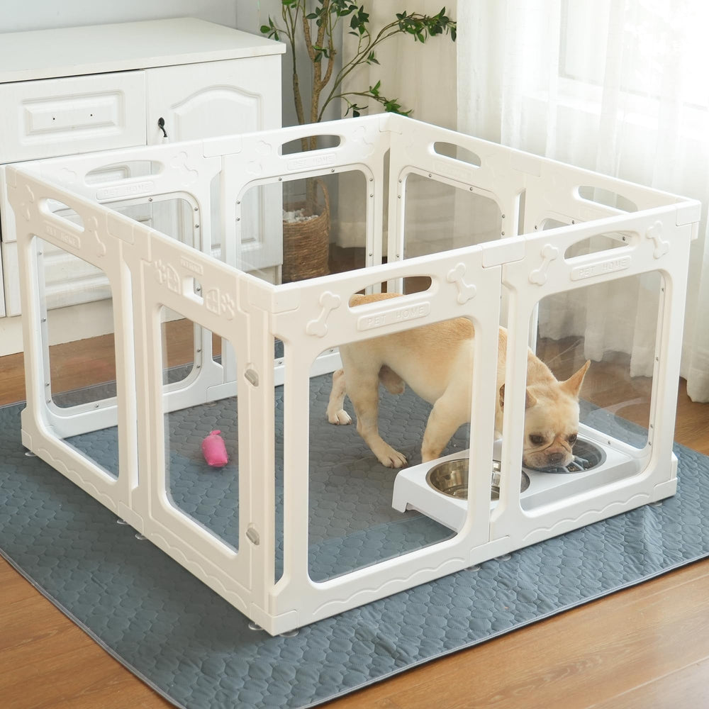 Qoility Clear Acrylic Dog Playpen assembly diagram – versatile layout options for small spaces.