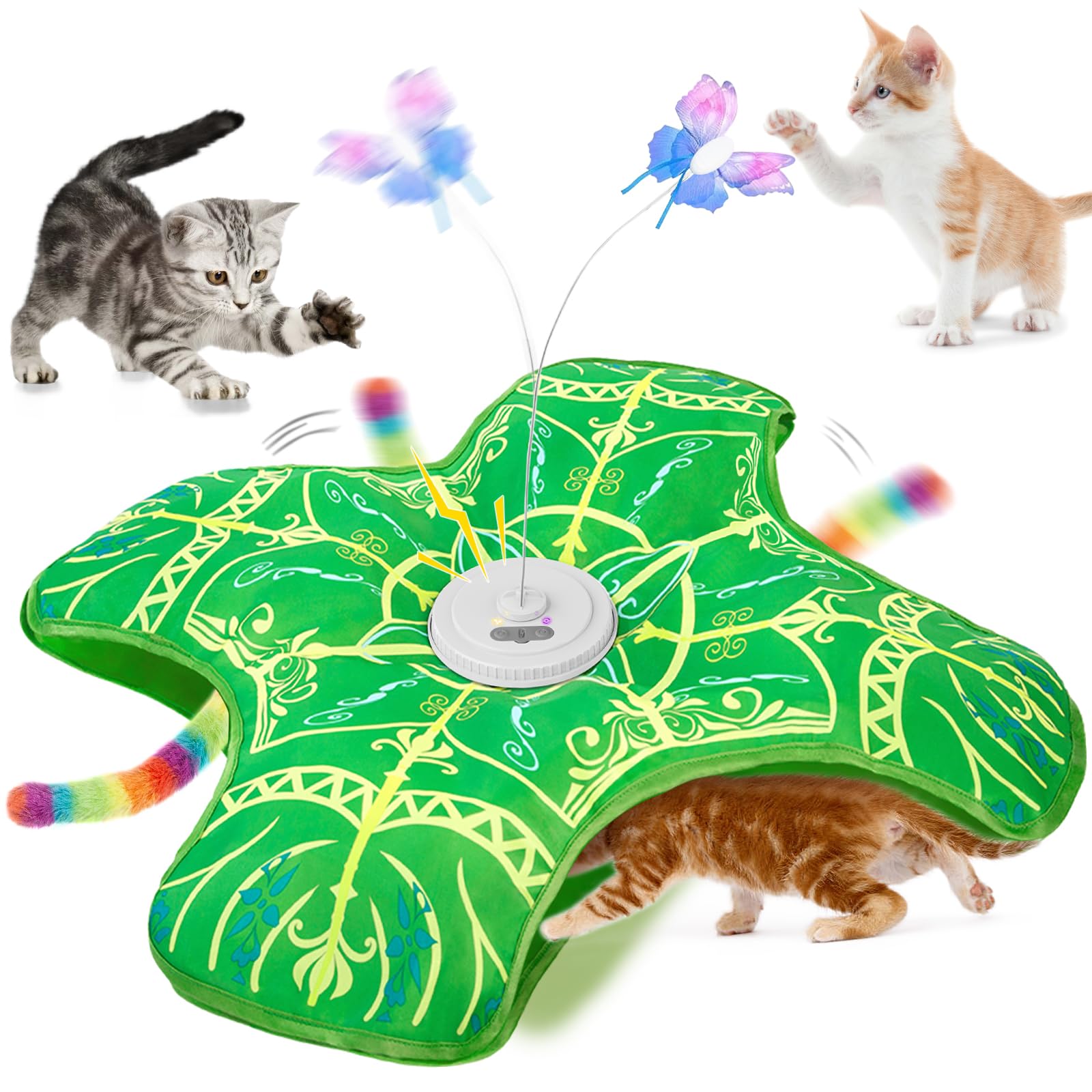 Qraxond butterfly-rotation toy engages indoor cats for active exploration.