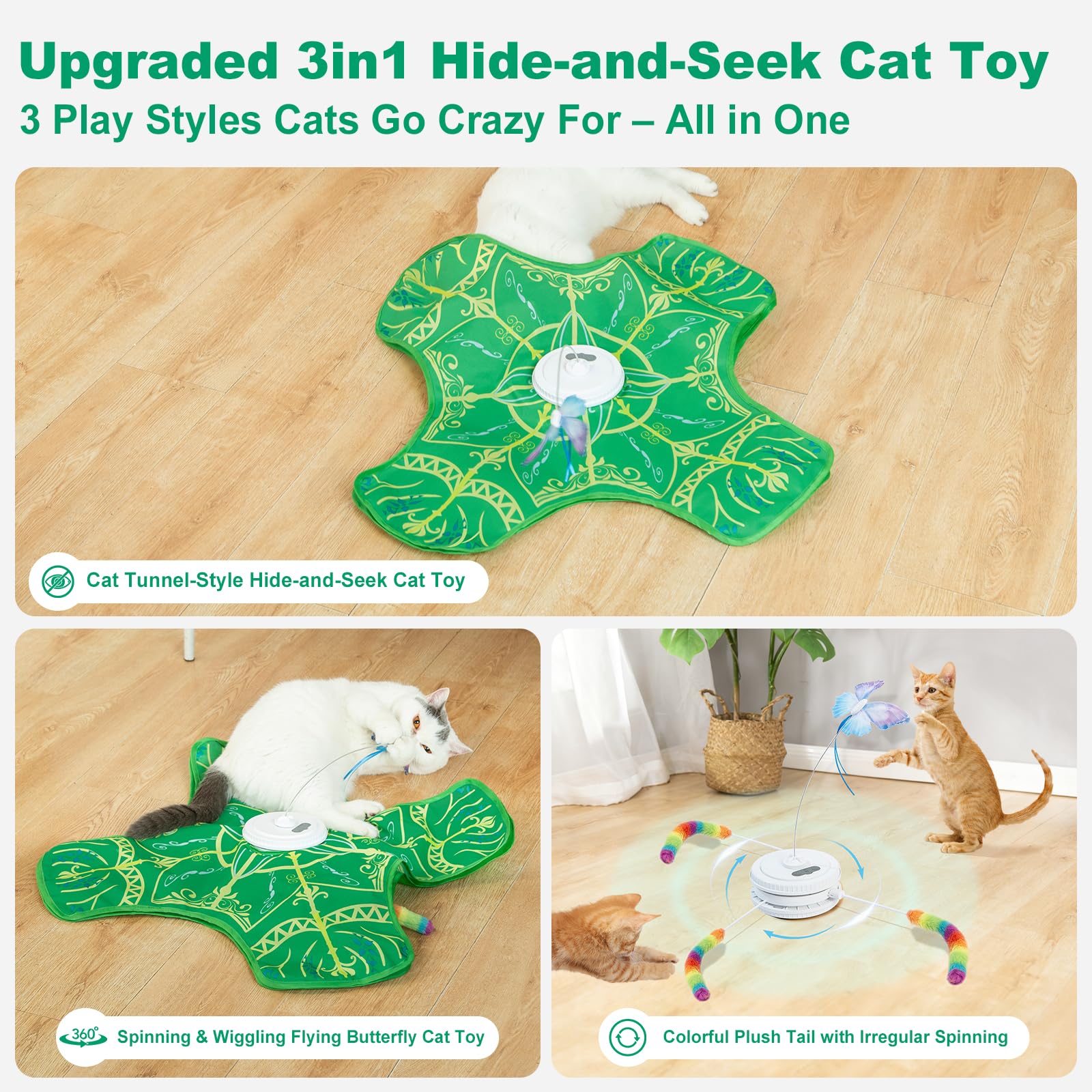 Qraxond hide-seek-cover invites chasing and playful stalking in cats.