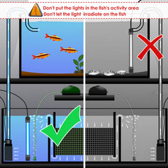 Qualirey 11W submersible UV lamp installed inside the tank with suction cups.