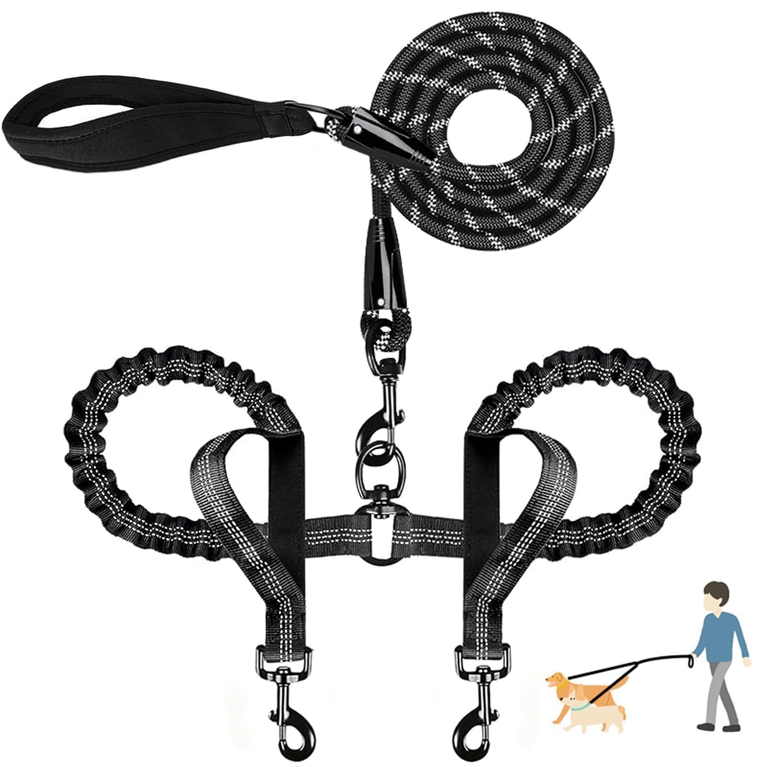Quan Duo Duo double dog leash no-tangle design for two dogs on walks