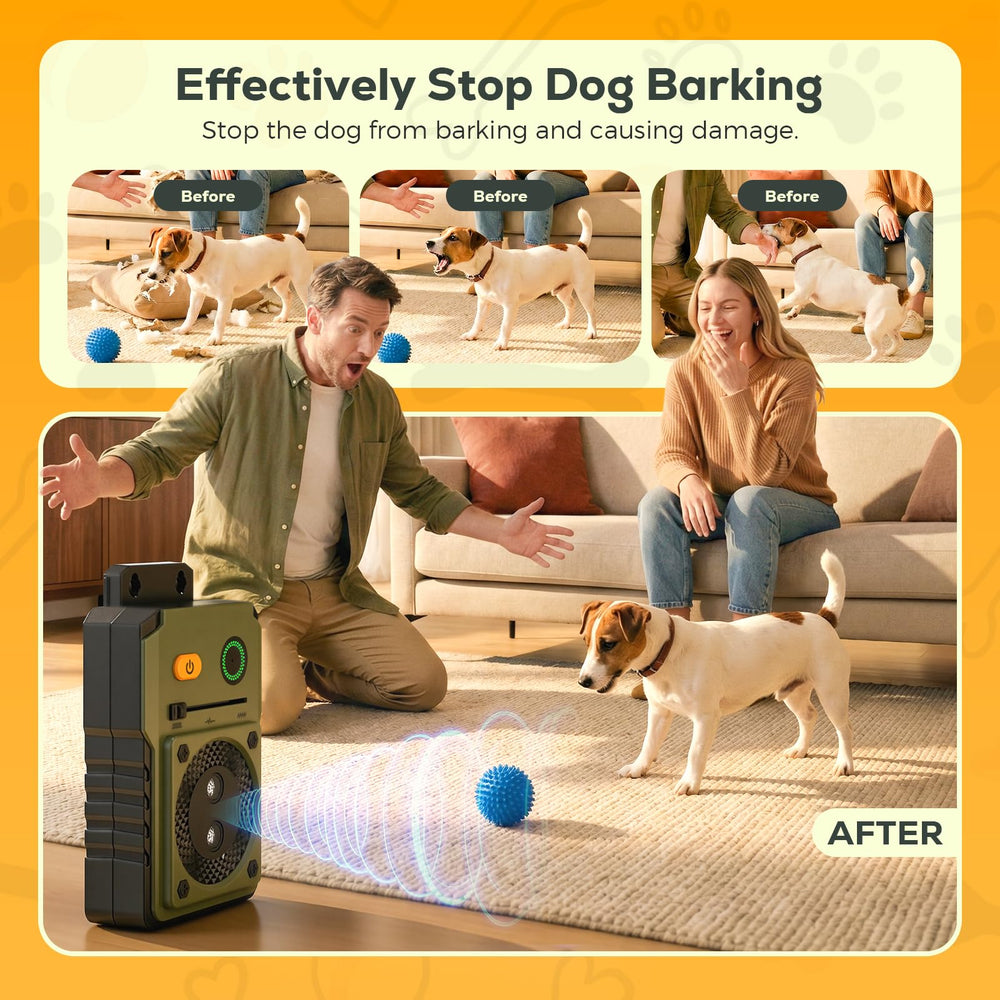 Queenmew ultrasonic emitter used for humane bark deterrence during training.