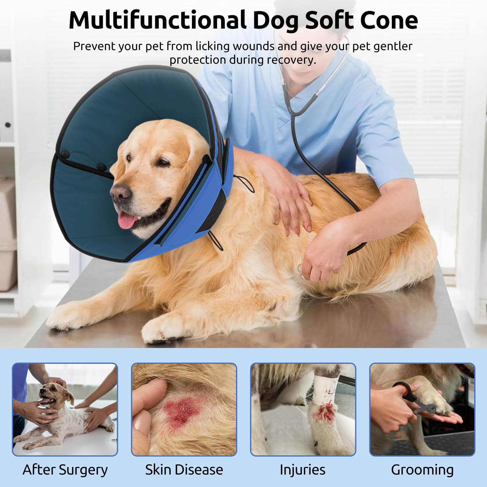 Queenmore soft cone protects wounds while a dog rests after surgery.