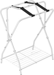Queension foldable saddle rack in stall demonstrating compact storage and portability