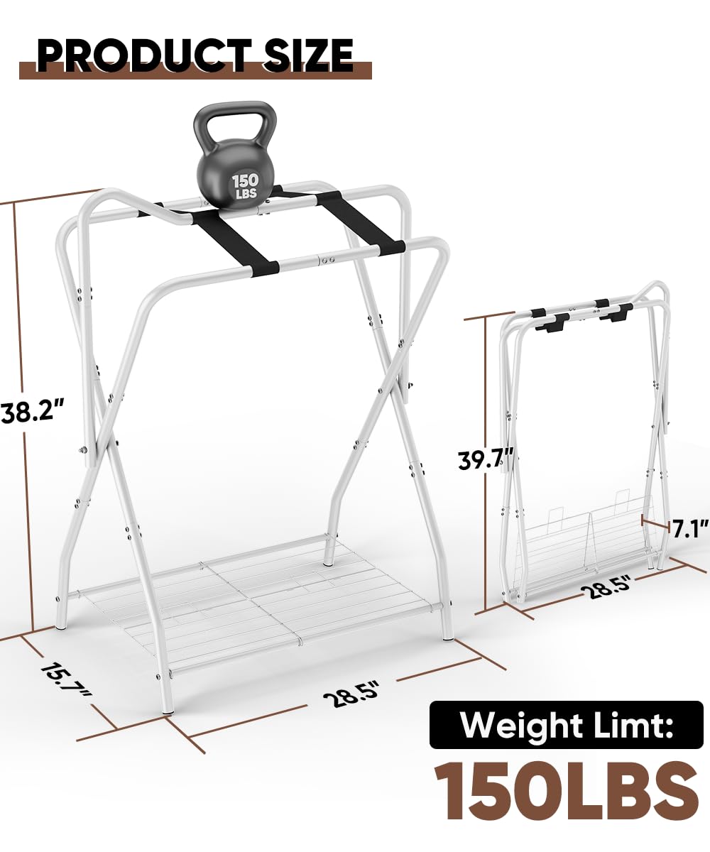 Queension saddle rack with bottom storage keeping blankets and accessories neatly stowed
