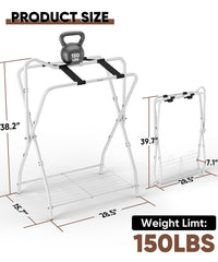 Queension saddle rack with bottom storage keeping blankets and accessories neatly stowed