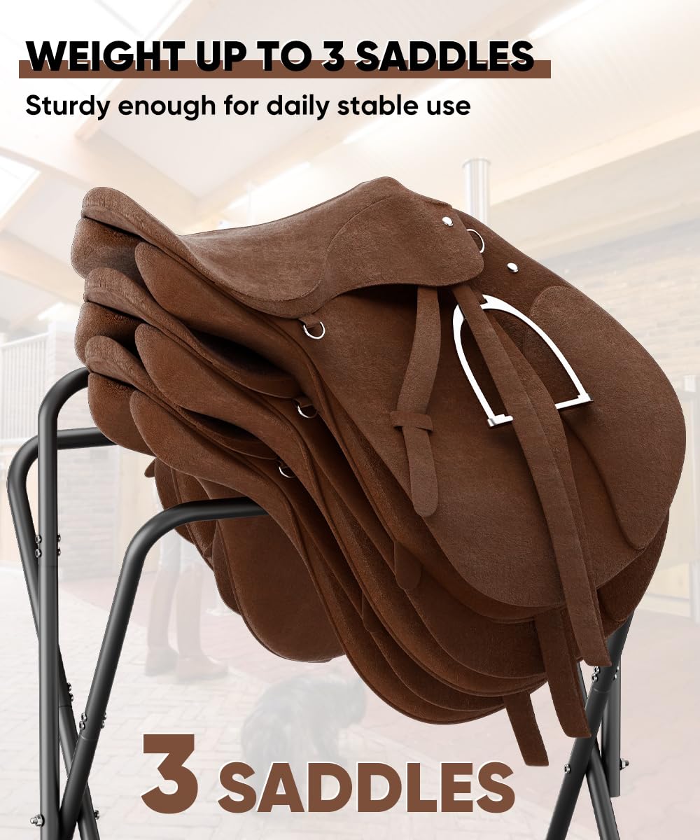 Queension saddle rack on display with saddles secured by non-slip arms