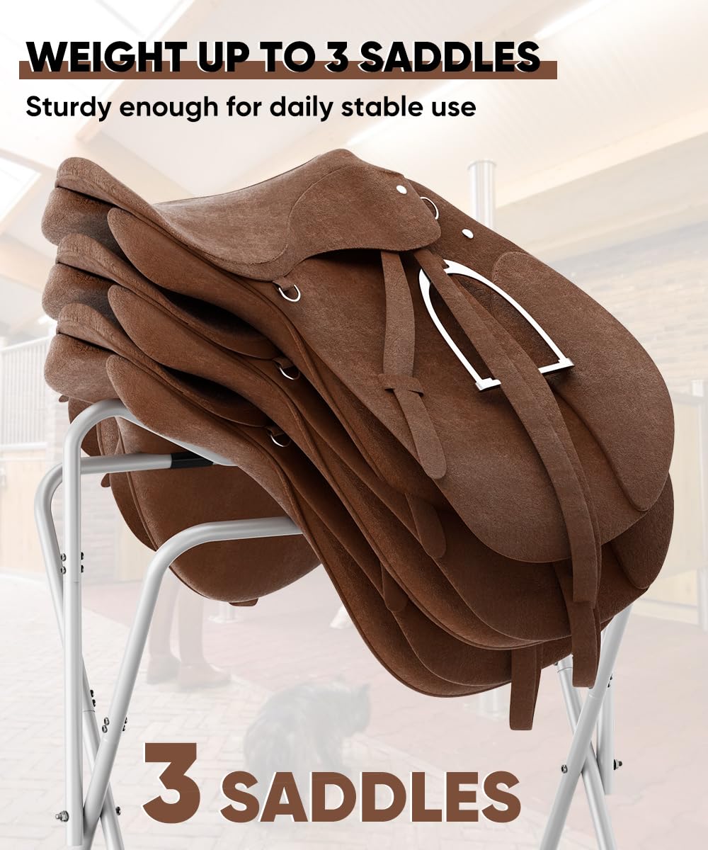 Queension saddle rack with non-slip arms secures English and Western saddles