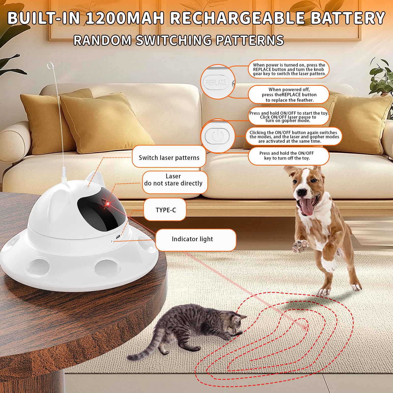 QUEOPFU cat laser toy offers 5 dynamic patterns plus dot play.