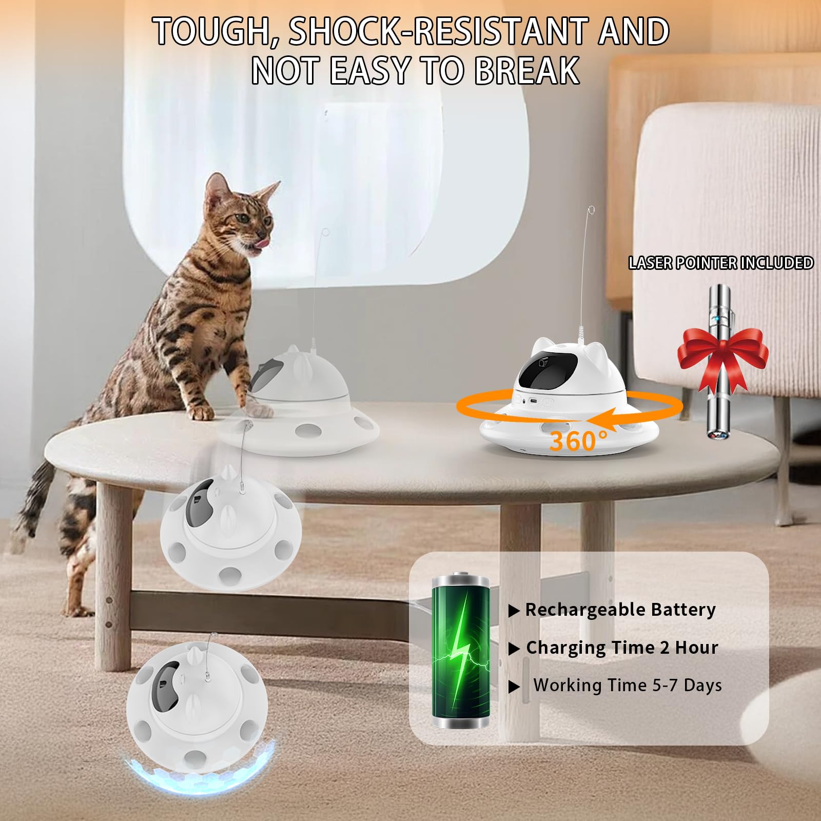 QUEOPFU cat laser toy safe ABS construction for durable fun.