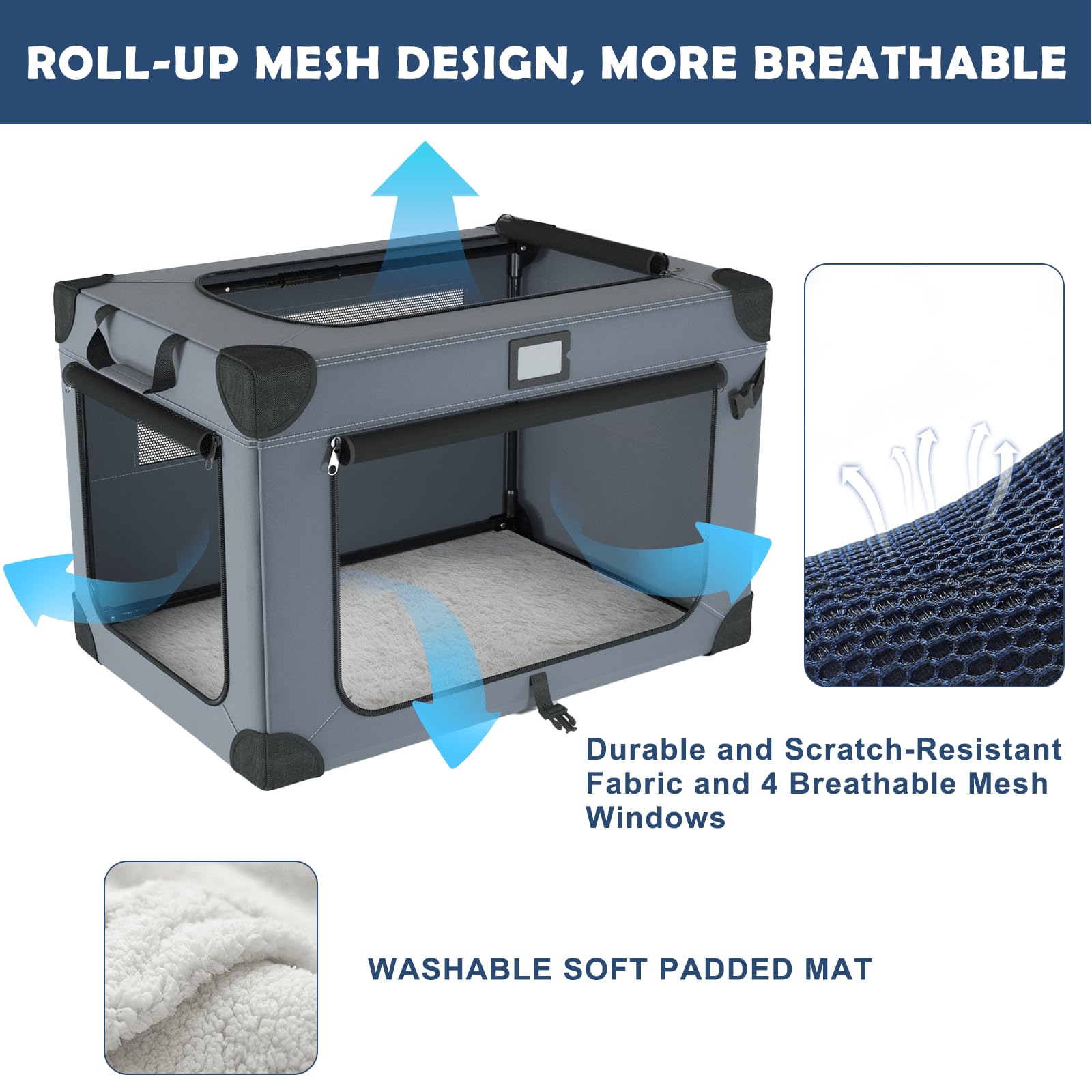 QUIBBLICK dog crate with mesh windows for ventilation and clear pet visibility.