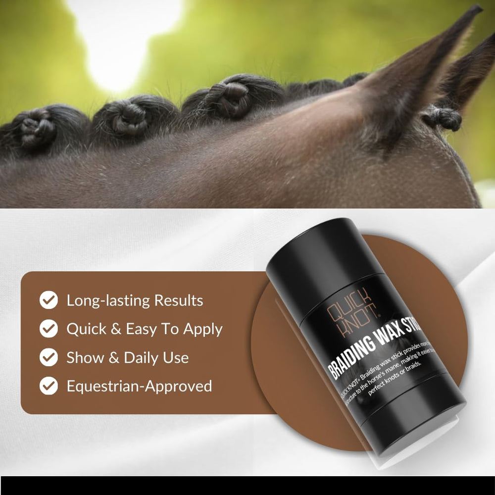 Quick Knot Braiding Wax Stick on a horse mane demonstrates all-day hold and smooth finish.