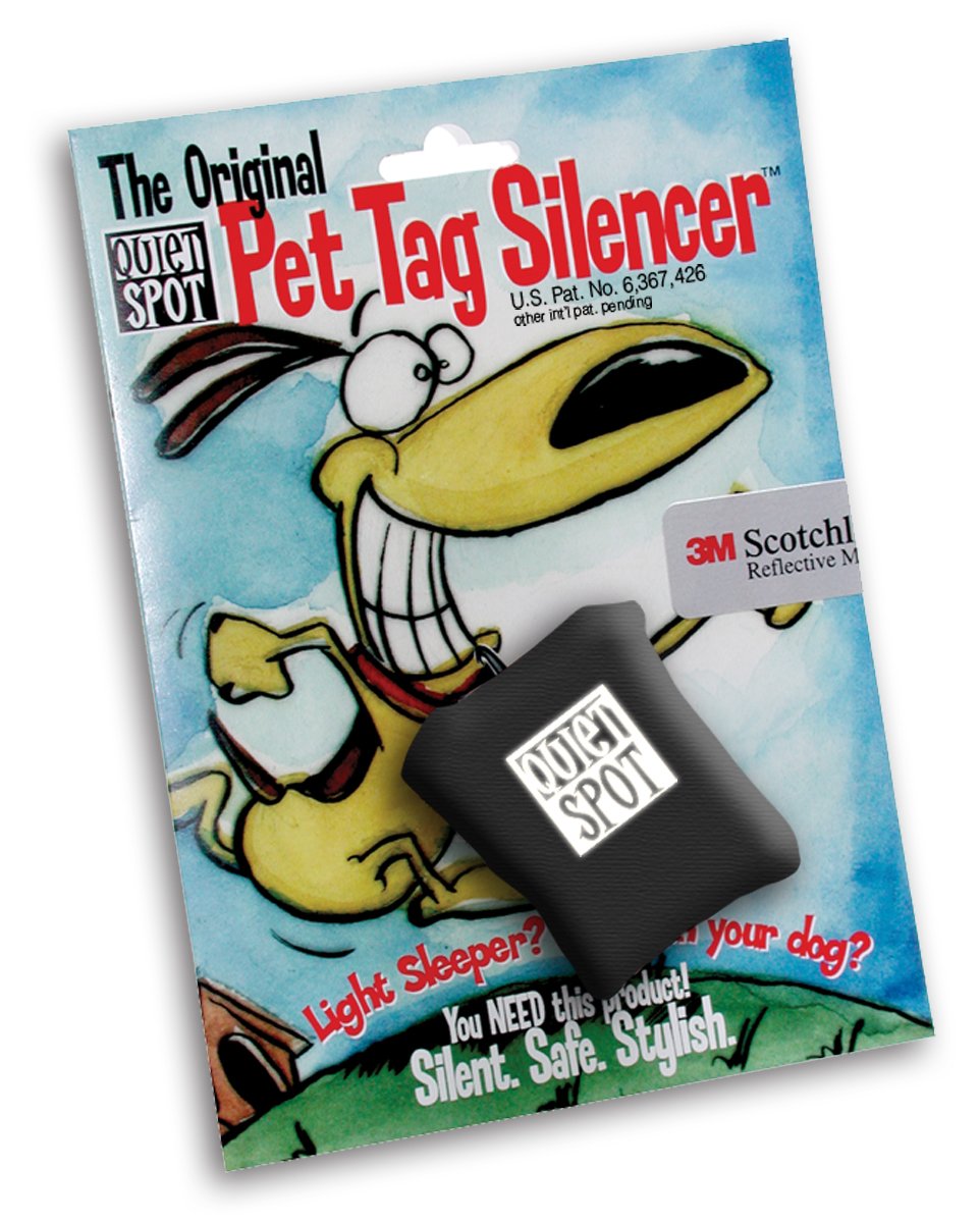 Quiet Spot pet tag silencer on the front of a dog collar reduces tag noise.