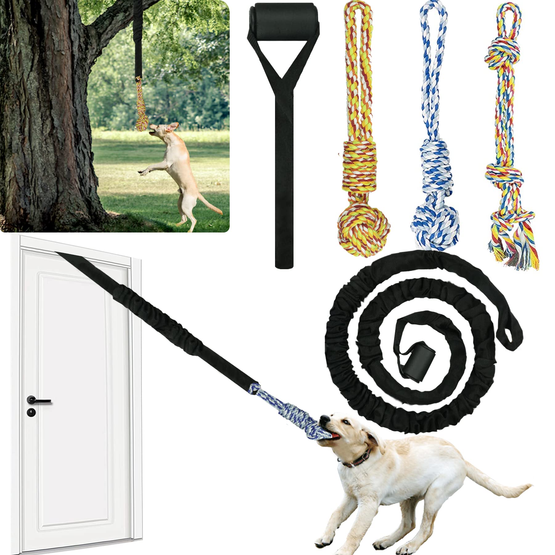 QUJOGA Interactive dog bungee toy close-up with chew ropes for strong chewers