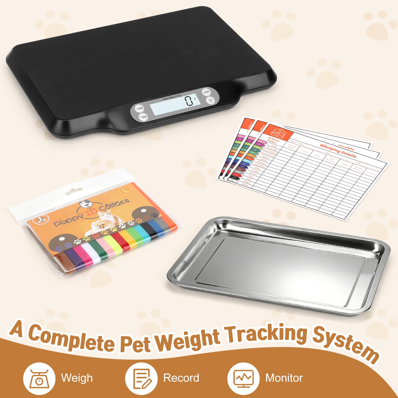 Qulable pet scale with detachable tray supports small animals comfortably.