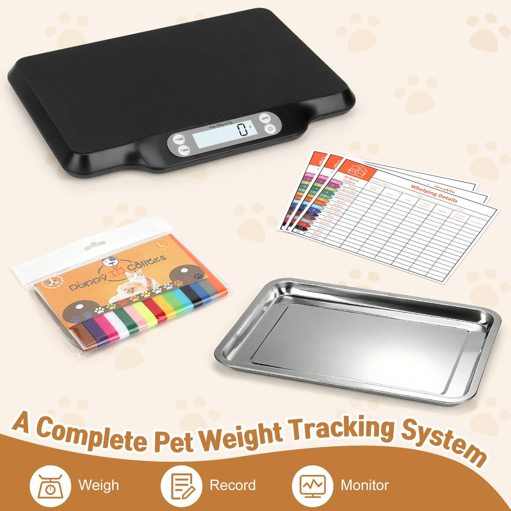 Qulable pet scale with detachable tray supports small animals comfortably.