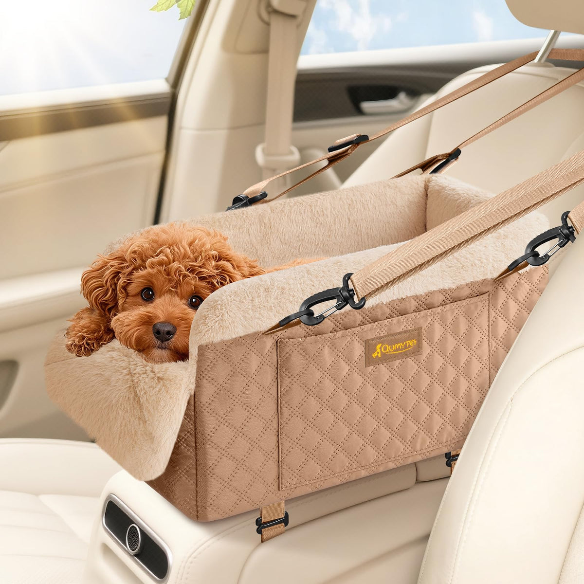 QUMY center-console booster seat keeps small dogs close and secure during drives