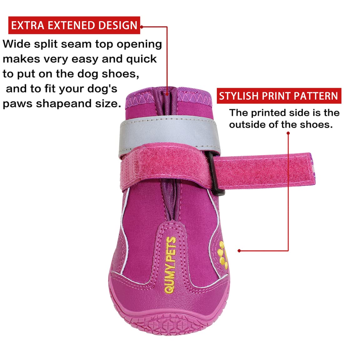 QUMY dog shoes adjustable straps for easy on and a snug fit at night