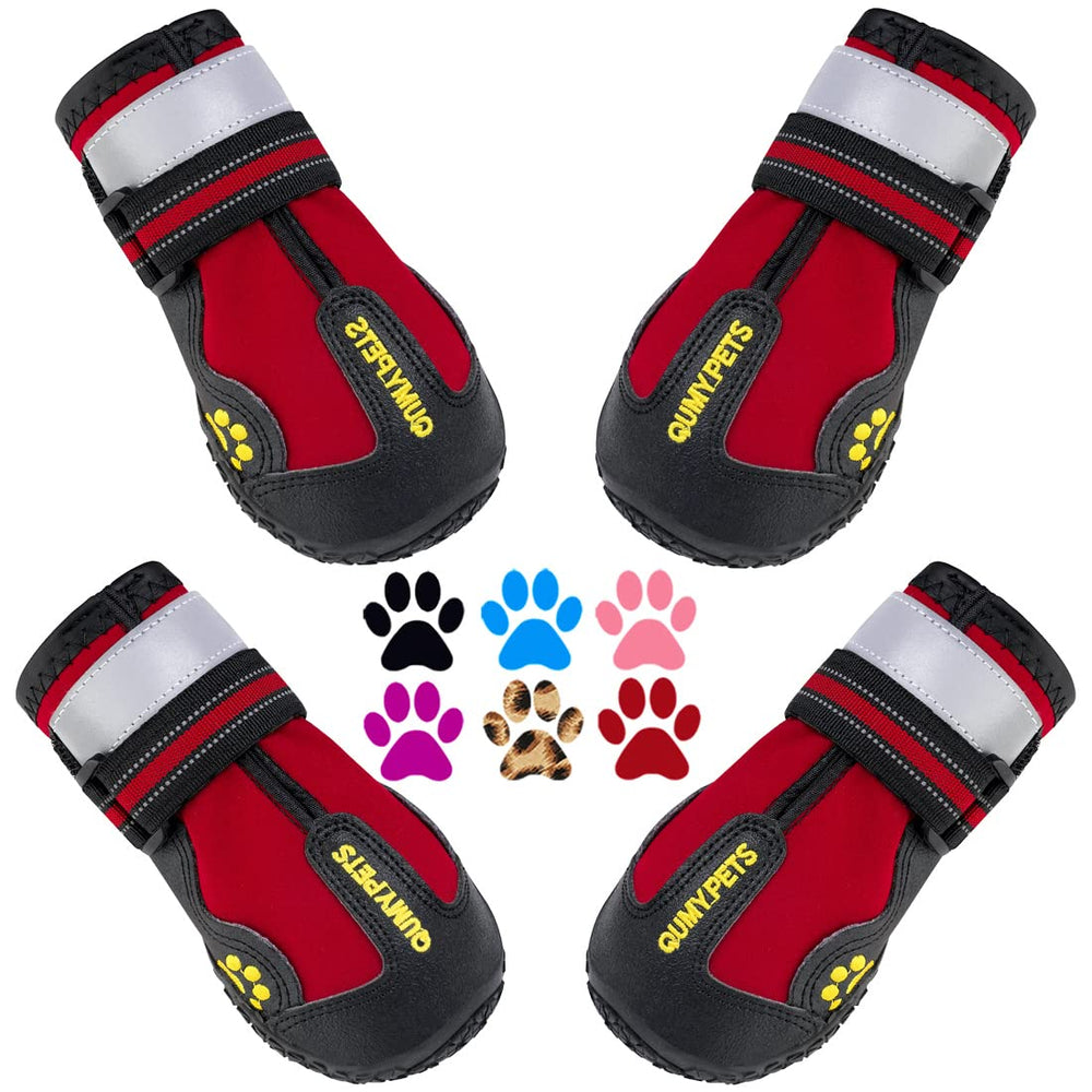 QUMY dog shoes with adjustable straps for a secure fit during outdoor walks.