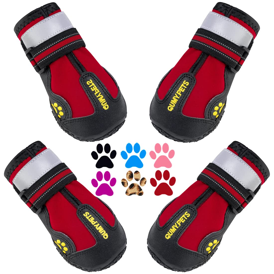 QUMY dog shoes with adjustable-straps secure fit for outdoor walks.