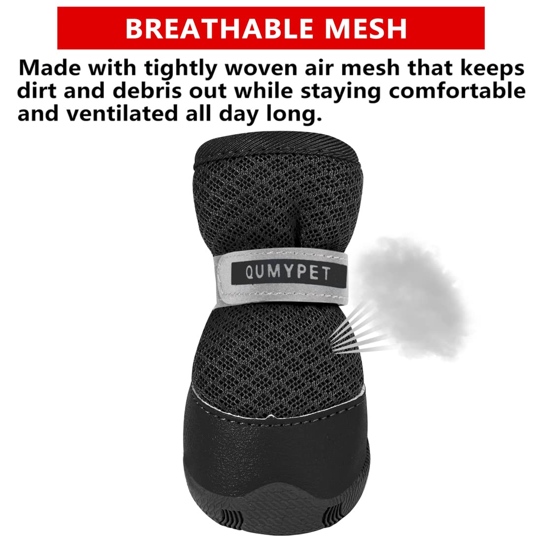 QUMY dog shoes with anti-slip rubber soles for traction.