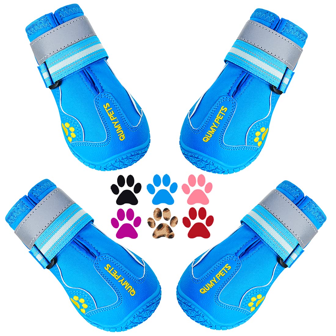 QUMY dog shoes showing paw-width measurement for a secure fit on walks.