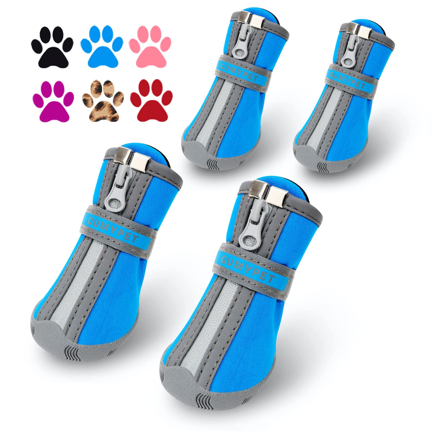 QUMY small blue dog shoes with zip-strap for secure fit during walks