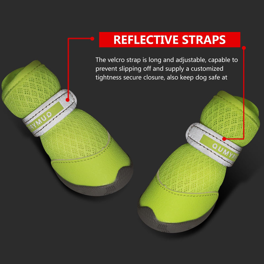 QUMY dog shoes small outdoor-use photo emphasizes dirt and debris protection.