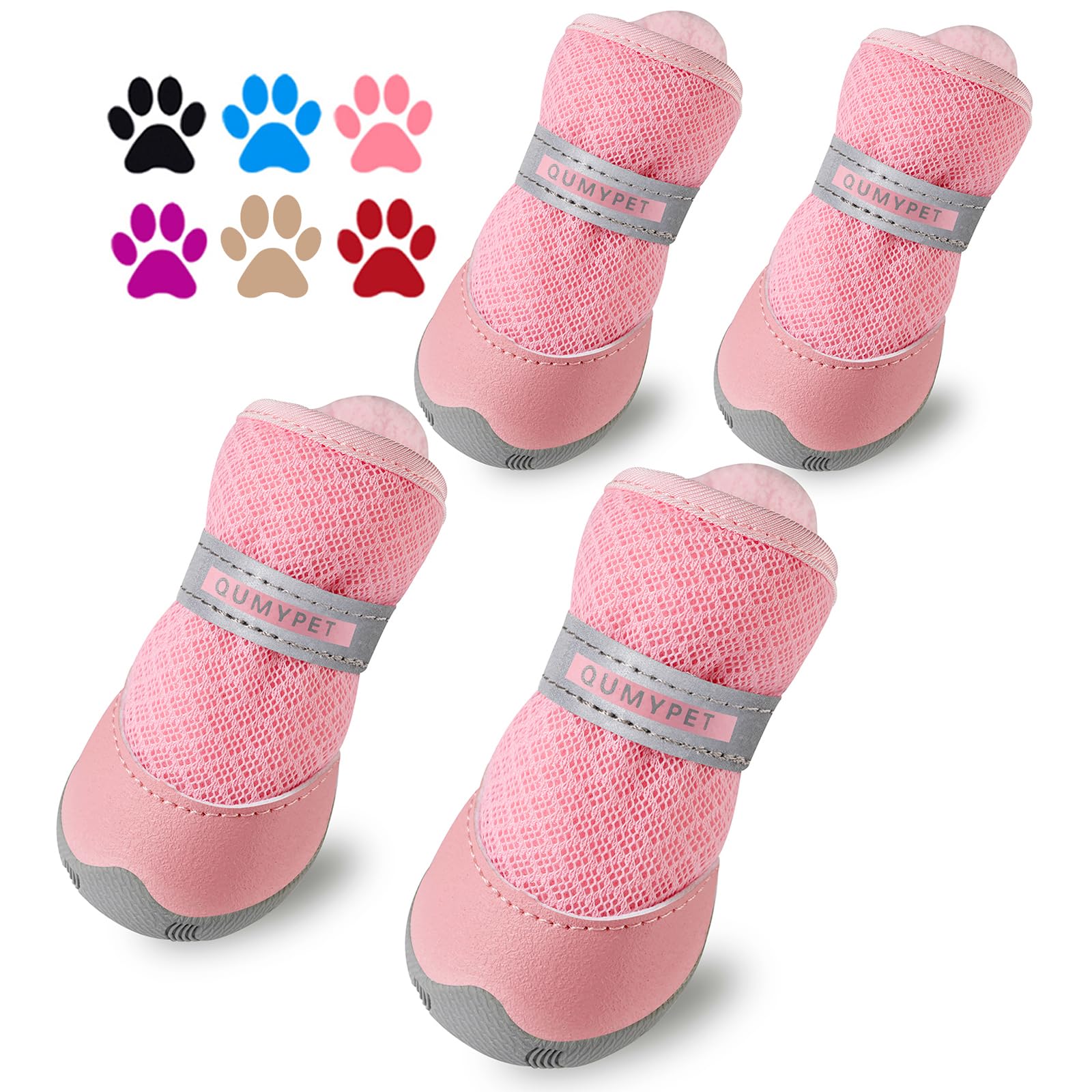 QUMY dog shoes front view in pink, breathable mesh helps comfort small dogs.