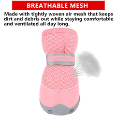 QUMY dog shoes pink mesh upper keeps paws ventilated during summer.