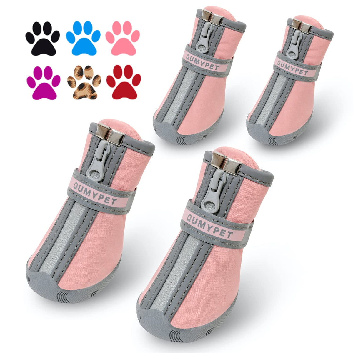QUMY dog shoes in pink with zip closure for secure, adjustable fit on small paws.