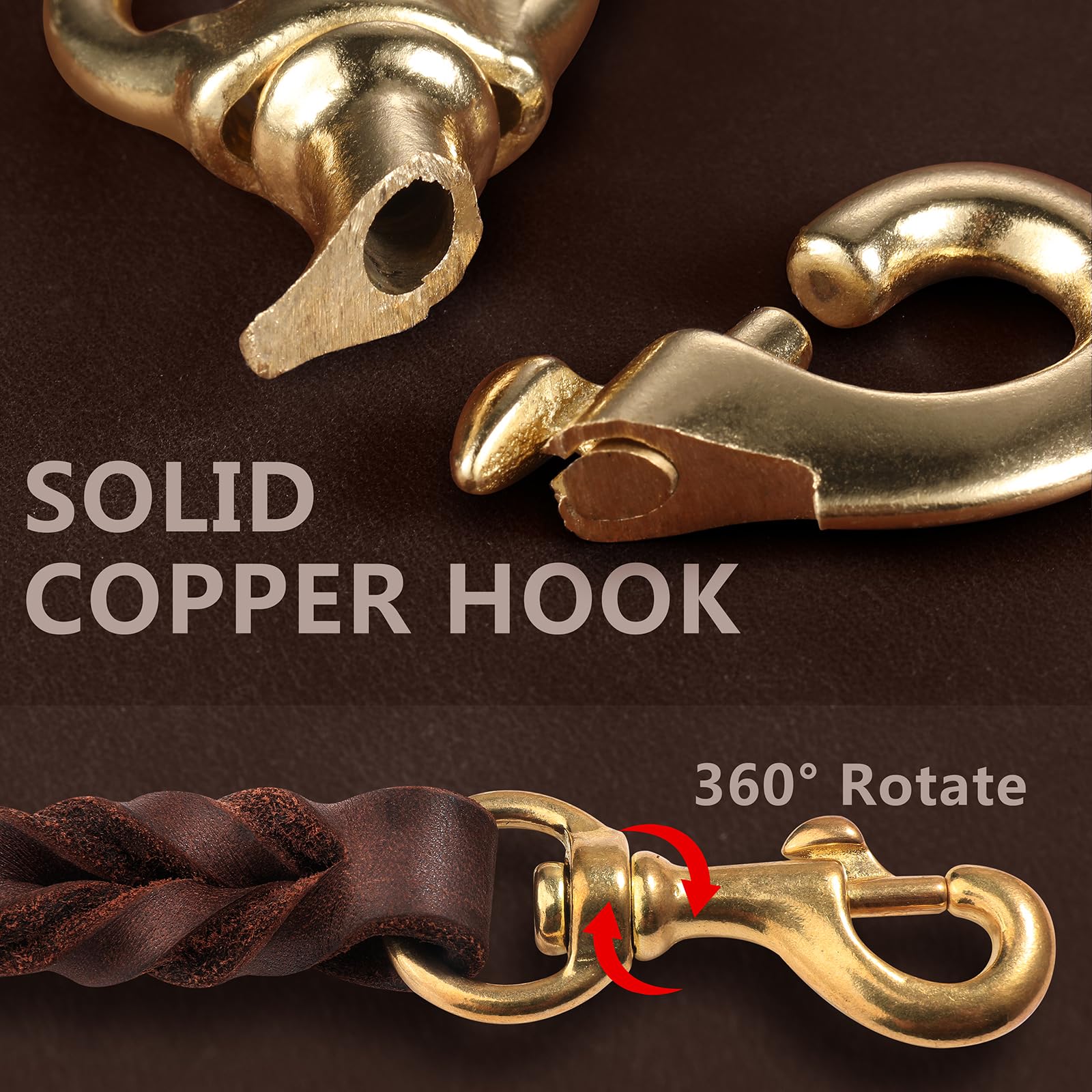QUMY leather leash with brass hook 360-degree rotation prevents twisting