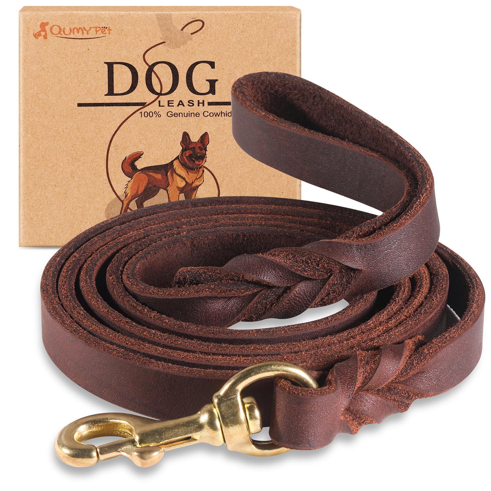 QUMY leather dog leash 6ft braided for smooth, controlled daily walks
