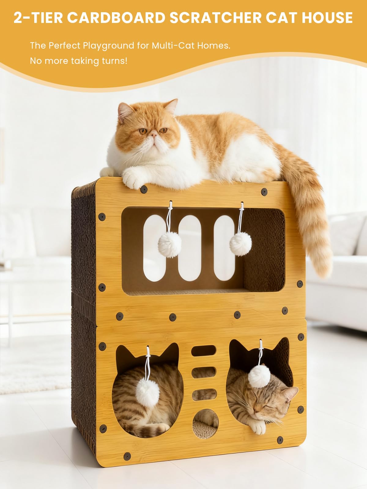 QUTUNI Cardboard Cat House scratch zone close-up emphasizes large surface for claws and play.