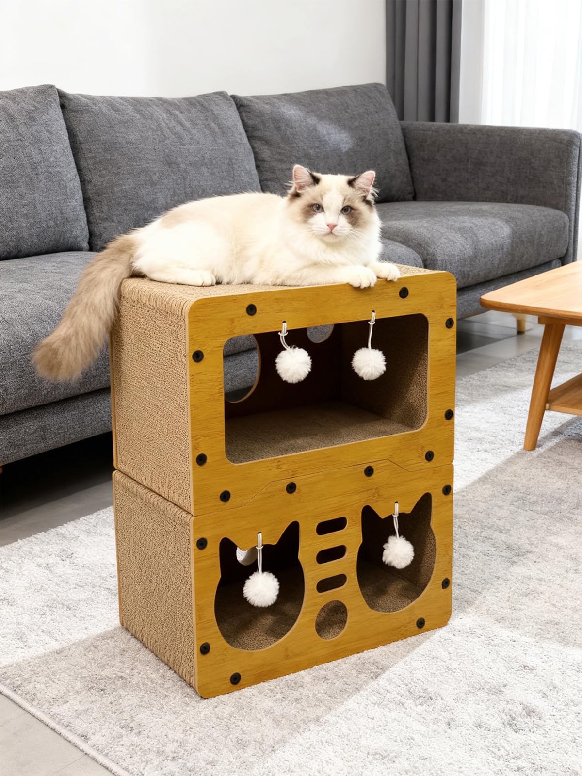 QUTUNI Cardboard Cat House with attached toys encourages interactive play.