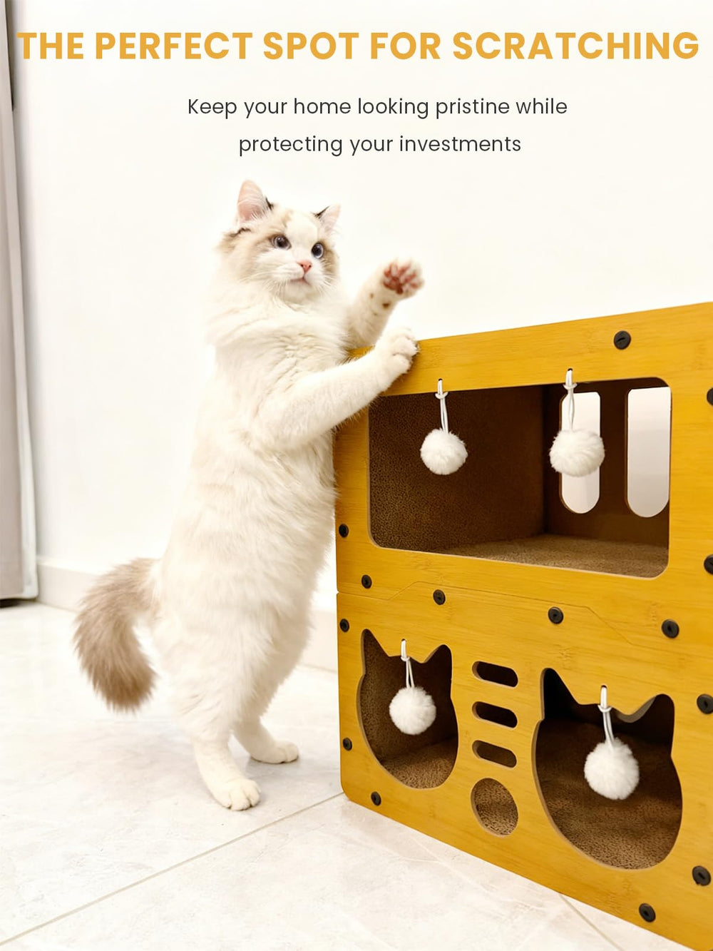 QUTUNI Cardboard Cat House two-tier layout illustrates spacious interior for lounging and watching.