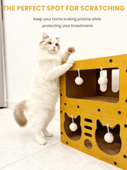 QUTUNI Cardboard Cat House two-tier layout illustrates spacious interior for lounging and watching.