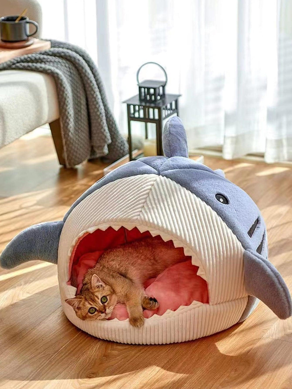 QWINEE cat mat shark-shaped bed blue bottom, waterproof grip to prevent sliding.