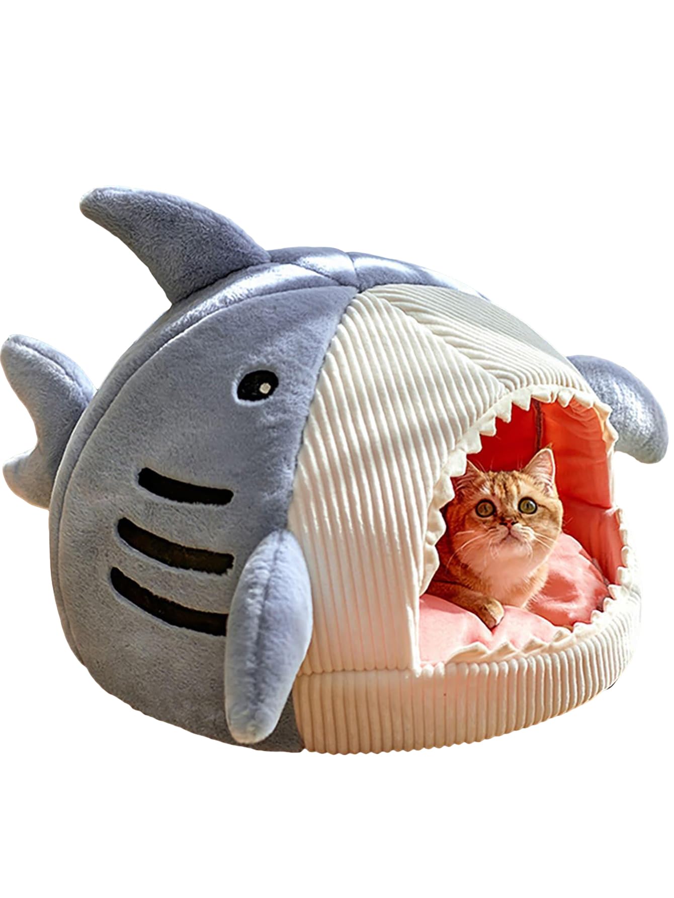 QWINEE cat mat shark-shaped bed blue, front view, cozy resting spot for pets.