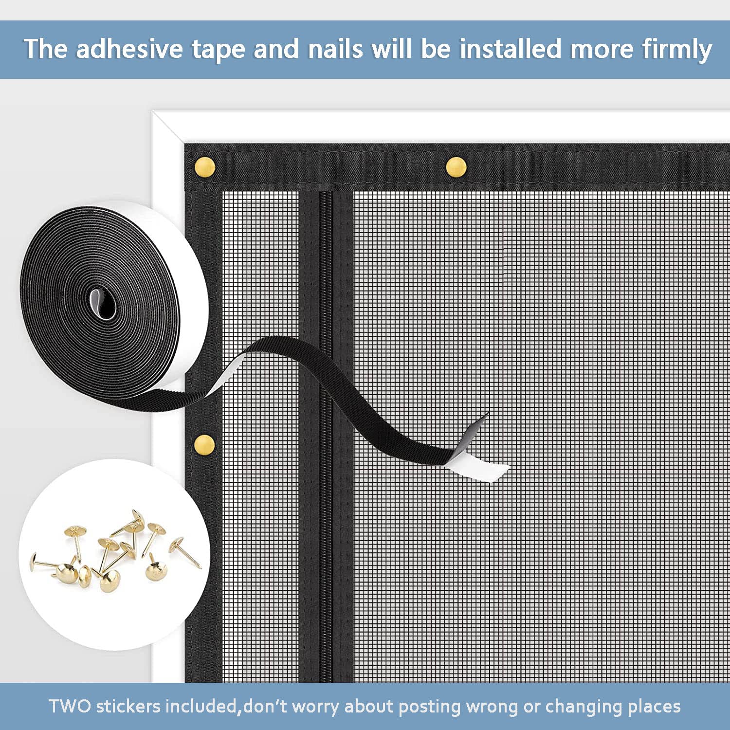 QWR reinforced cat screen door with adhesive strips and nails option for secure fit.