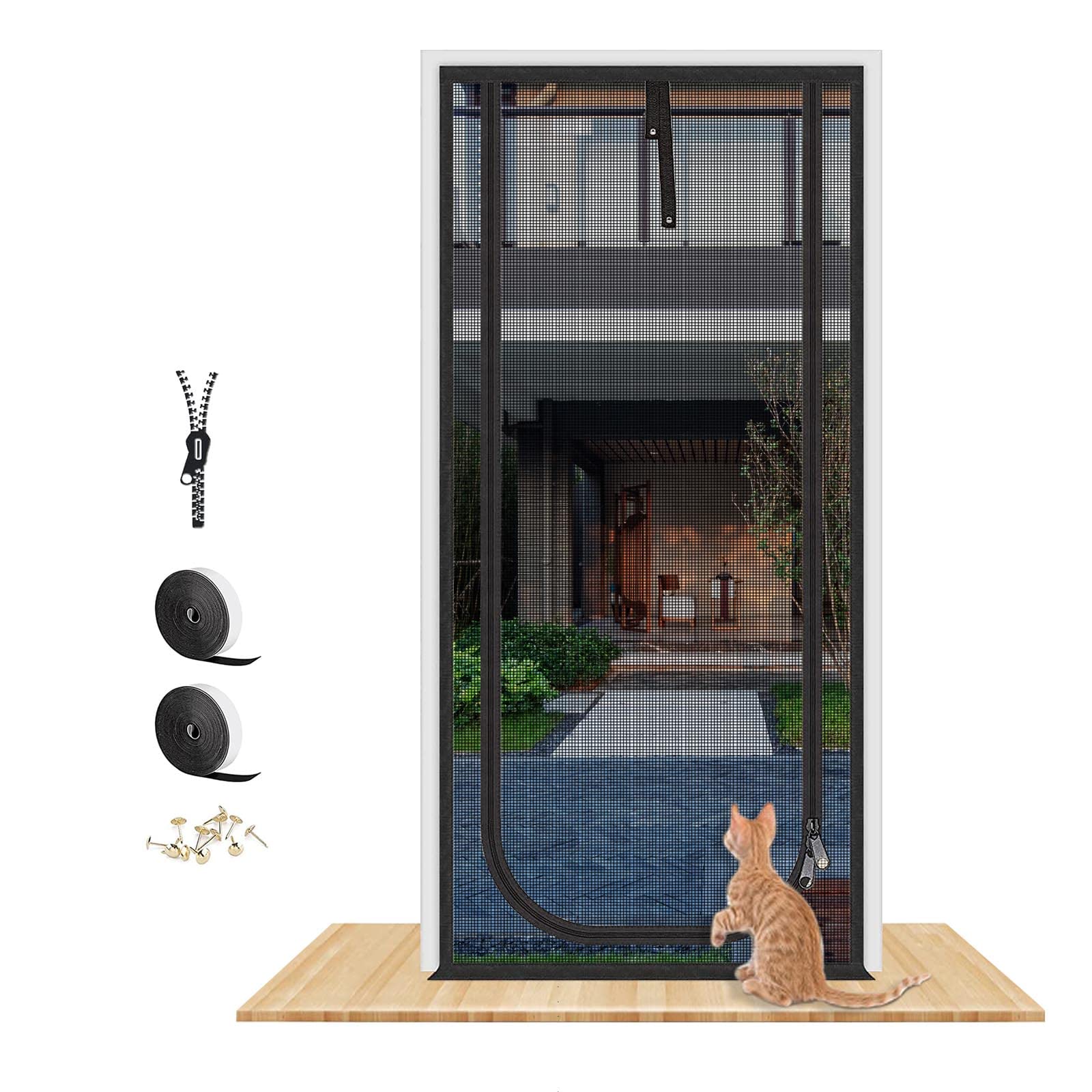 QWR reinforced cat screen door shows sizing for 38x82 inch openings.