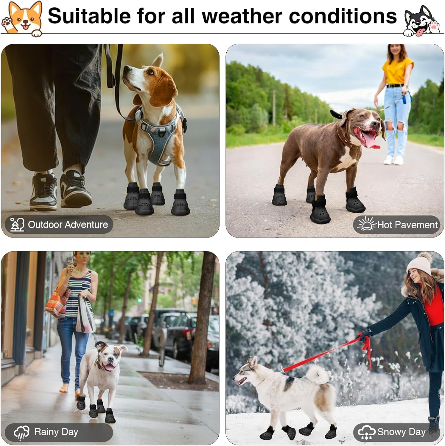 QXAPA dog boots feature adjustable straps for easy on and off.