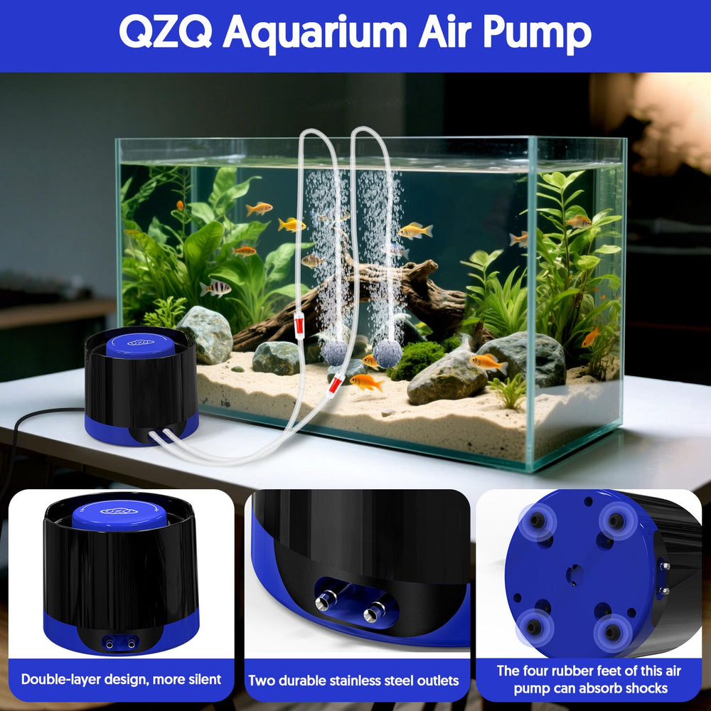 QZQ quiet design air pump with cushioned base for silent operation.